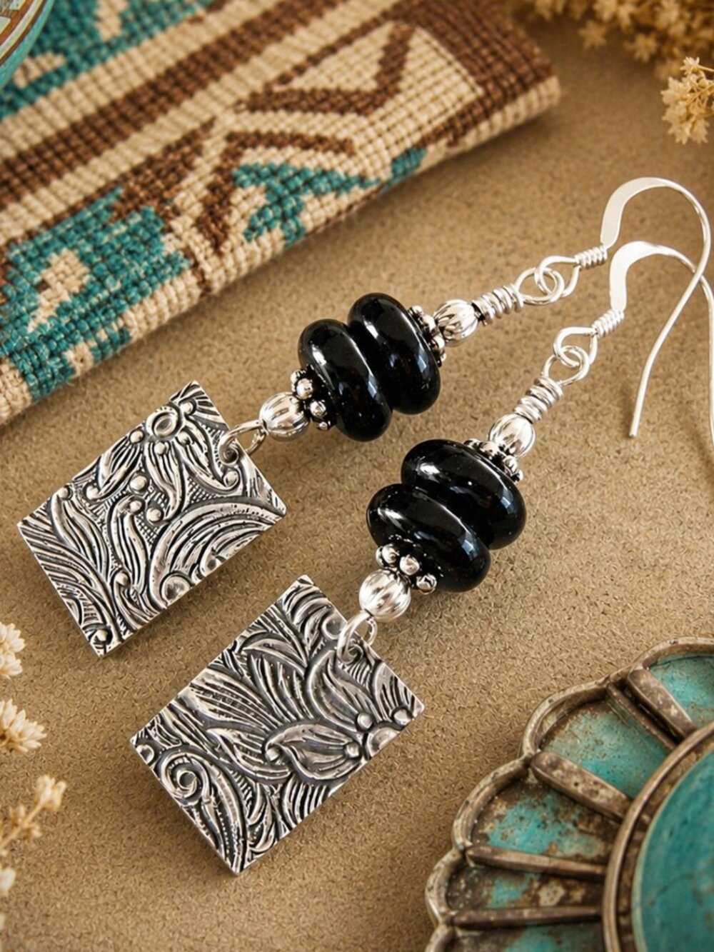 Southwest Earrings 925 Sterling Silver And Black Onyx Dangles